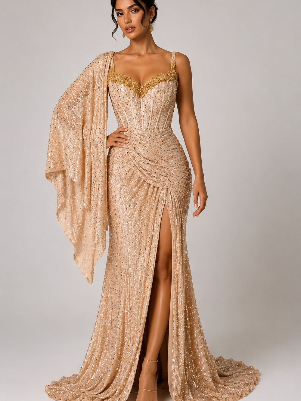 Champagne Sequin Corset Evening Gown with Draped Skirt